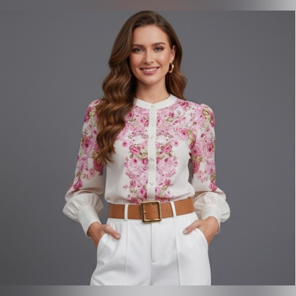 Pink Floral Print Button Front Blouse - Picture 3 of 9